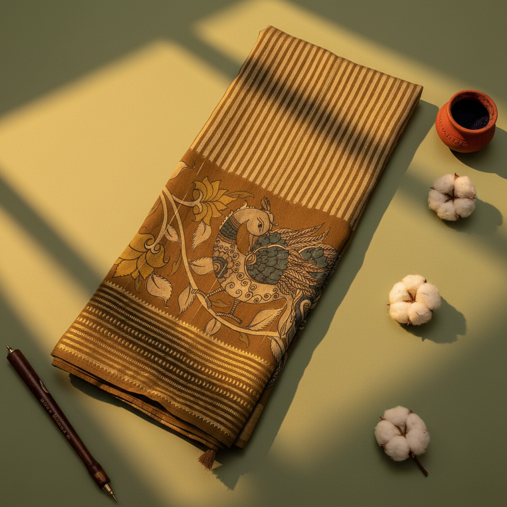 Kuberan Olive Kalamkari Peacock & Horse Mal Cotton Saree with Gold Zari Stripe Border