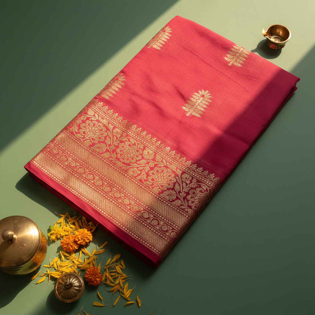Kuberan Pink Tussar Silk Saree with Gold Zari Border