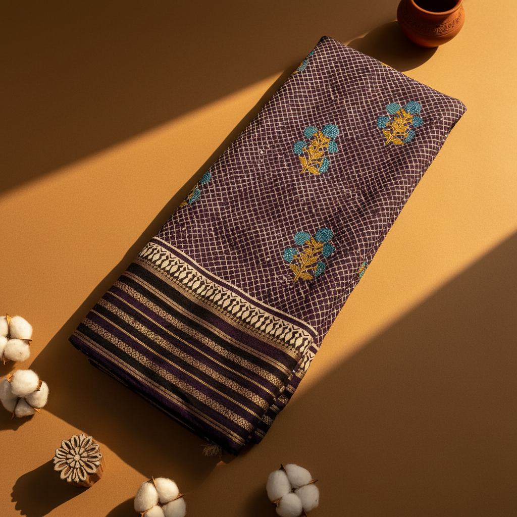 Kuberan Plum Purple Diamond Lattice Block Print Mal Cotton Saree with Gold Stripe Border