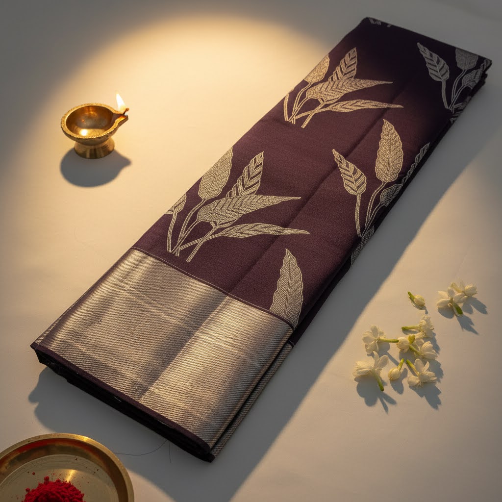 Kuberan Plum Purple Kanchipuram Silk Saree with Silver Zari Botanical Leaf Jaal & Broad Silver Border