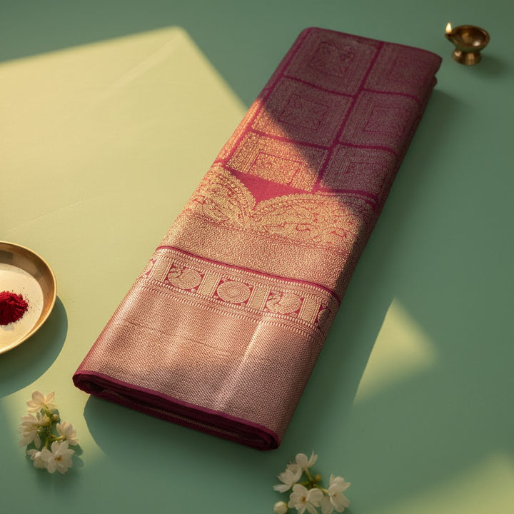 Kuberan Rose Pink Kanchipuram Silk Saree with Gold Zari Self-Tone Panel & Temple Arch Border