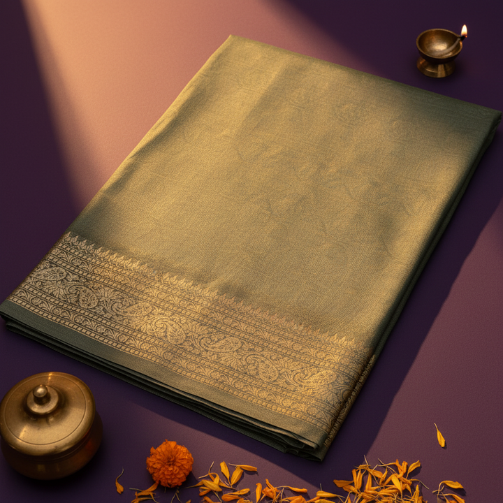 Kuberan Sage Green Tussar Silk Saree with Gold Acanthus Border