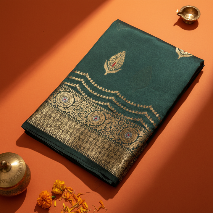 Kuberan Teal Tussar Silk Saree with Gold Sunflower Medallion Border