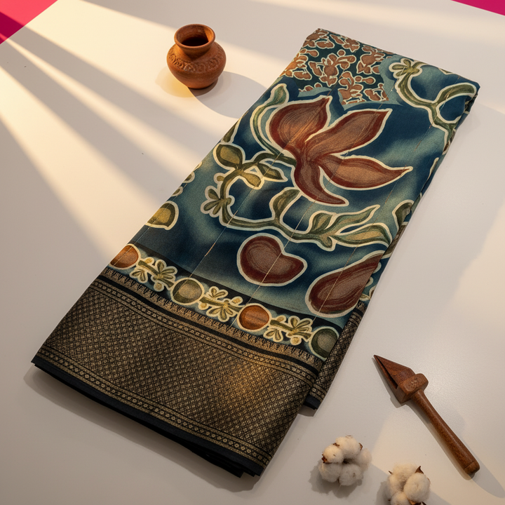 Kuberan Teal Mal Cotton Saree with Woven Border
