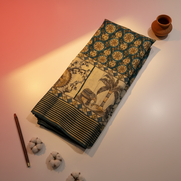 Kuberan Teal Kalamkari Elephant & Peacock Mal Cotton Saree with Woven Stripe Border