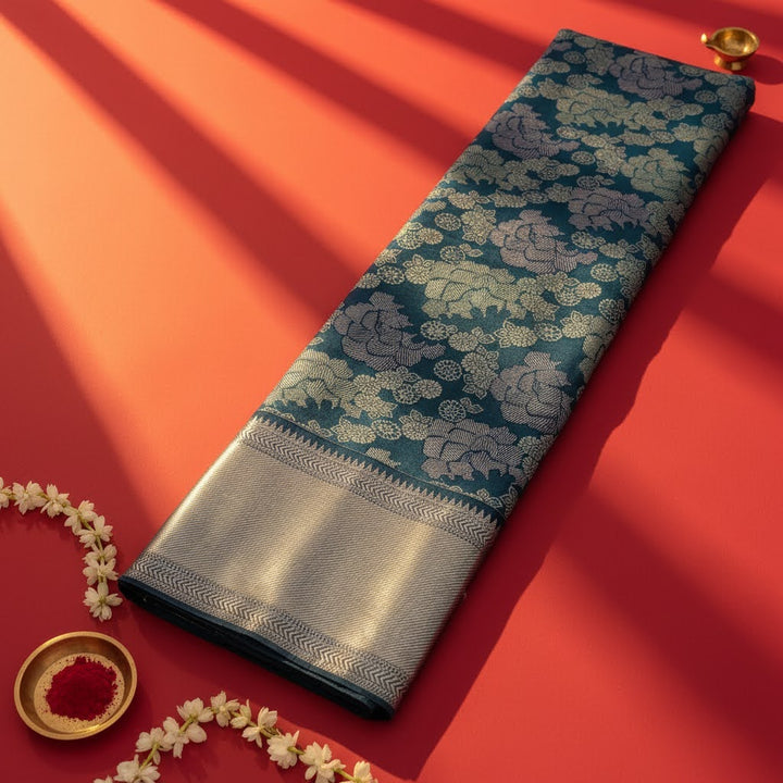 Kuberan Teal Kanchipuram Silk Saree with Silver Zari Peony & Chrysanthemum Floral Jaal