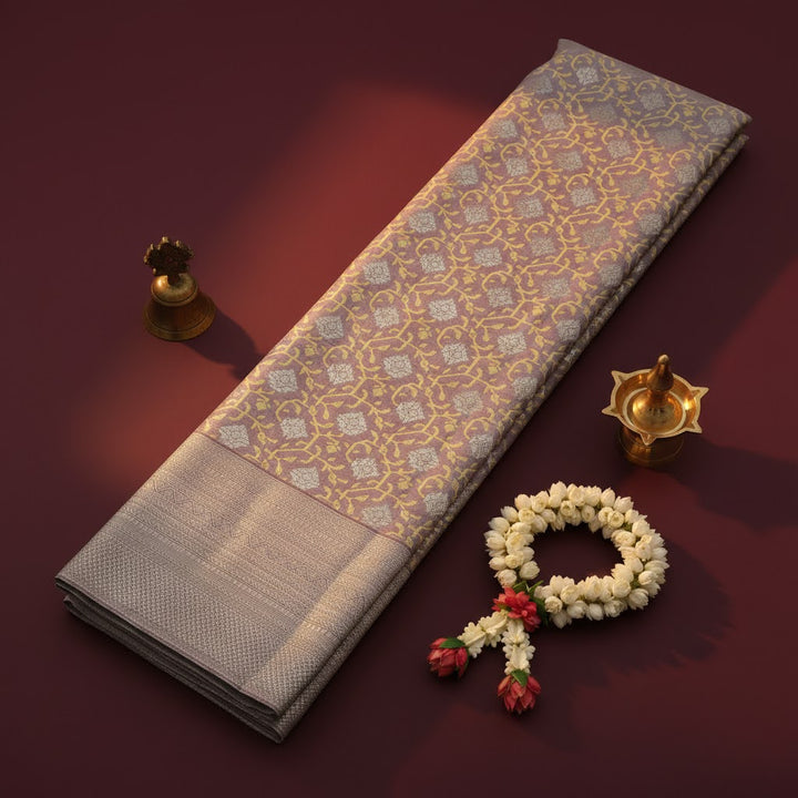 Kuberan Mauve Kanchipuram Silk Saree with Gold Lattice & Silver Diamond Jaal
