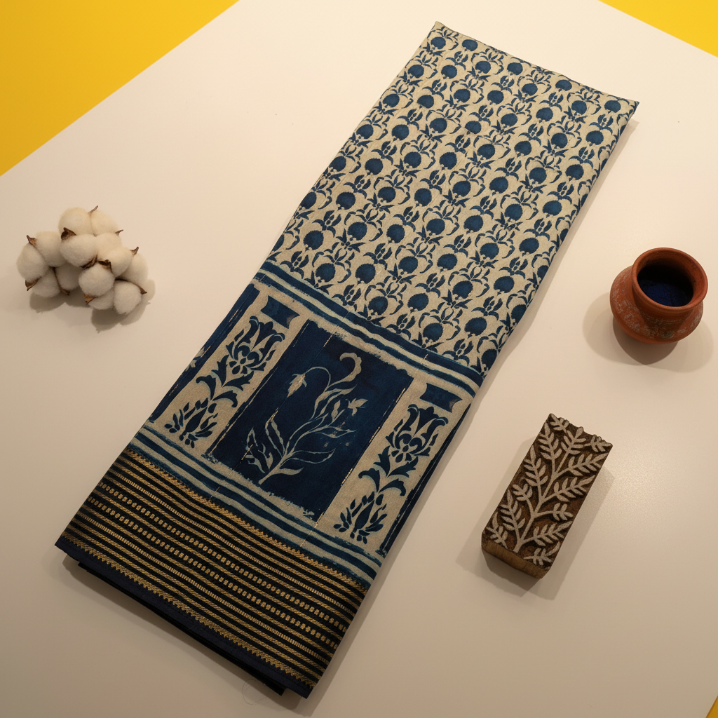 Kuberan Indigo Block Print Tulip Jaal Mal Cotton Saree with Woven Border