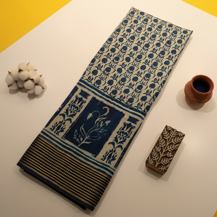 Kuberan Indigo Block Print Tulip Jaal Mal Cotton Saree with Woven Border