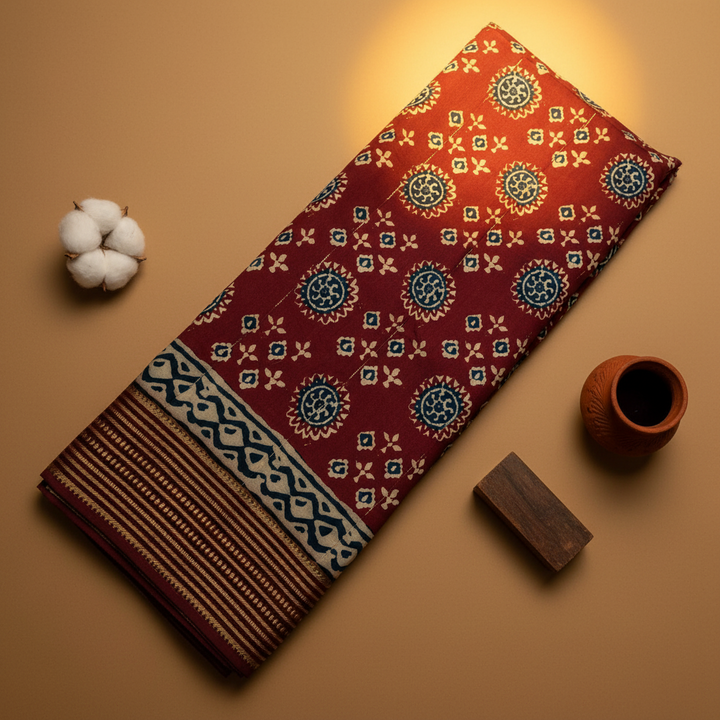 Kuberan Maroon Ajrakh Sun Medallion Mal Cotton Saree with Woven Border