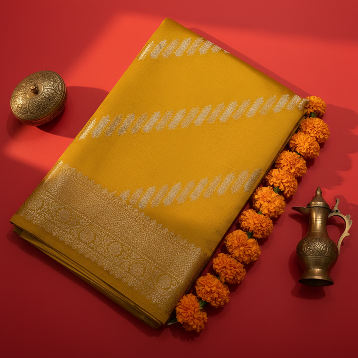 Kuberan Mustard Tussar Silk Saree with Gold Zari Border