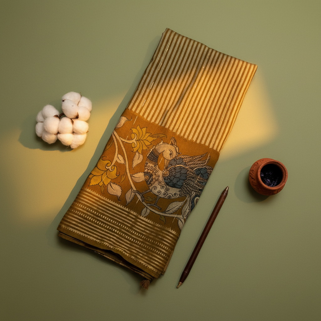 Kuberan Olive Kalamkari Peacock & Horse Mal Cotton Saree with Gold Zari Stripe Border