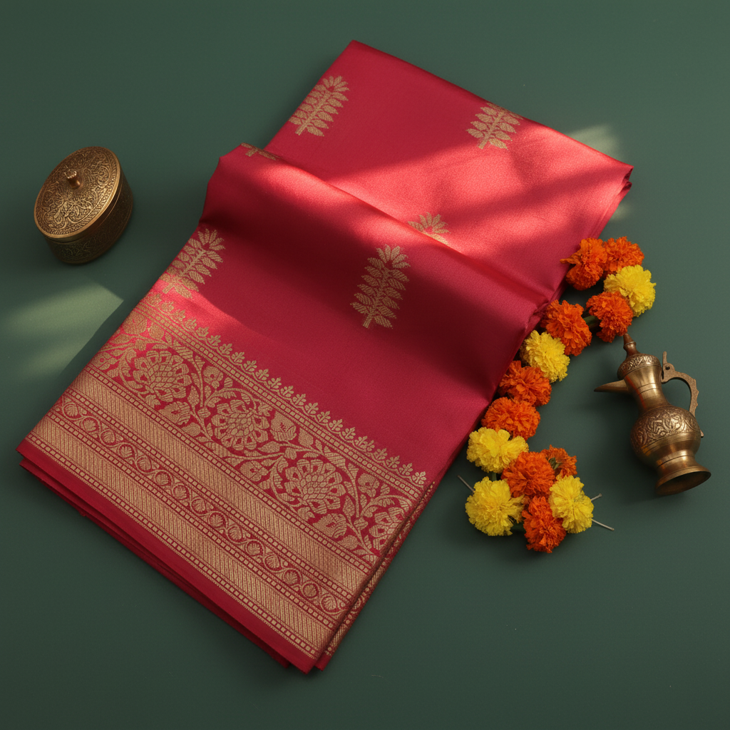 Kuberan Pink Tussar Silk Saree with Gold Zari Border