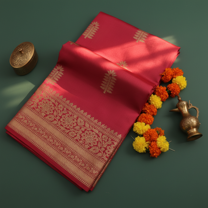 Kuberan Pink Tussar Silk Saree with Gold Zari Border