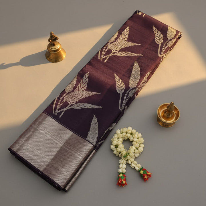 Kuberan Plum Purple Kanchipuram Silk Saree with Silver Zari Botanical Leaf Jaal & Broad Silver Border