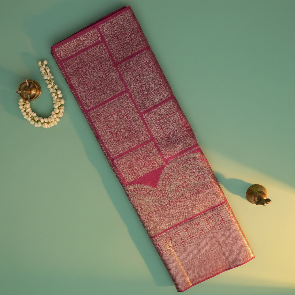 Kuberan Rose Pink Kanchipuram Silk Saree with Gold Zari Self-Tone Panel & Temple Arch Border