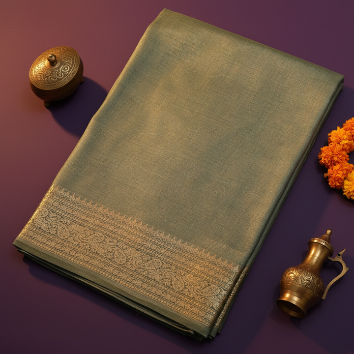 Kuberan Sage Green Tussar Silk Saree with Gold Acanthus Border