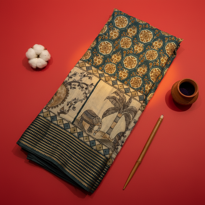 Kuberan Teal Kalamkari Elephant & Peacock Mal Cotton Saree with Woven Stripe Border