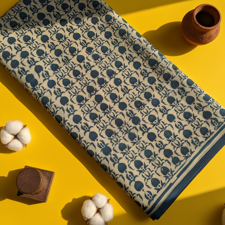 Kuberan Indigo Block Print Tulip Jaal Mal Cotton Saree with Woven Border