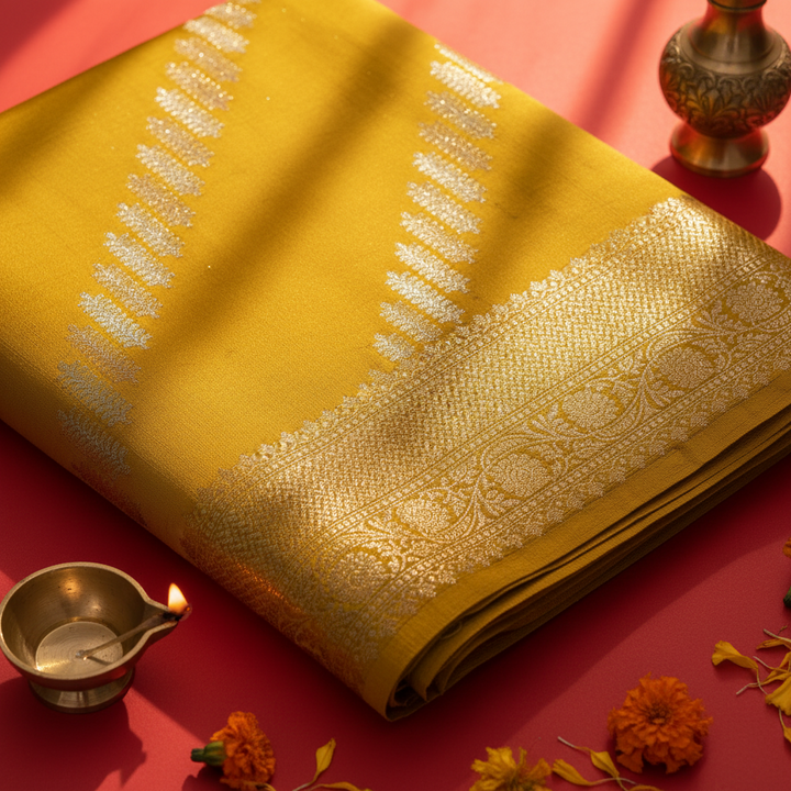 Kuberan Mustard Tussar Silk Saree with Gold Zari Border