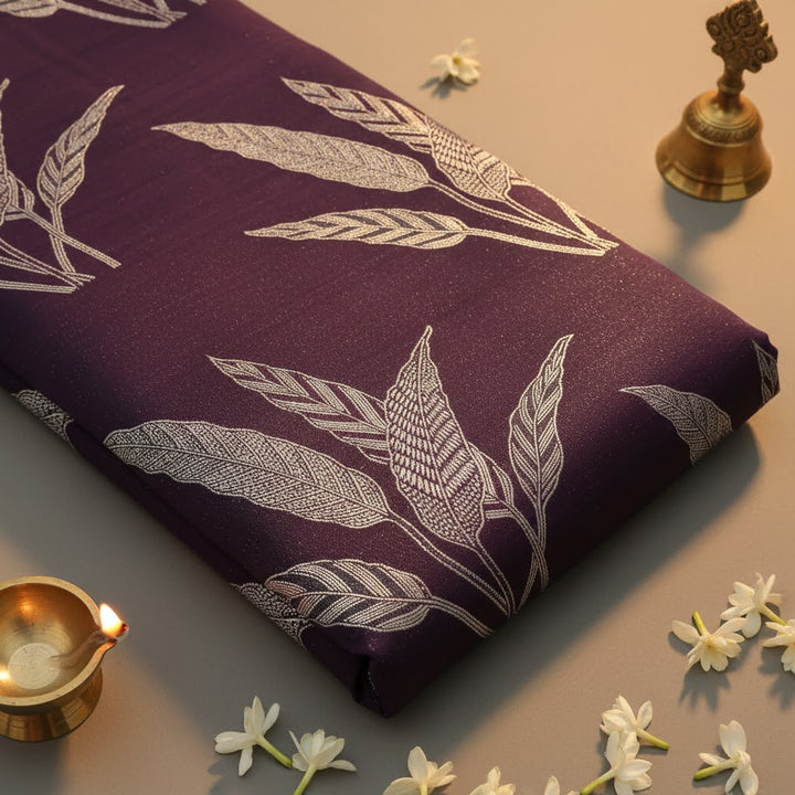 Kuberan Plum Purple Kanchipuram Silk Saree with Silver Zari Botanical Leaf Jaal & Broad Silver Border