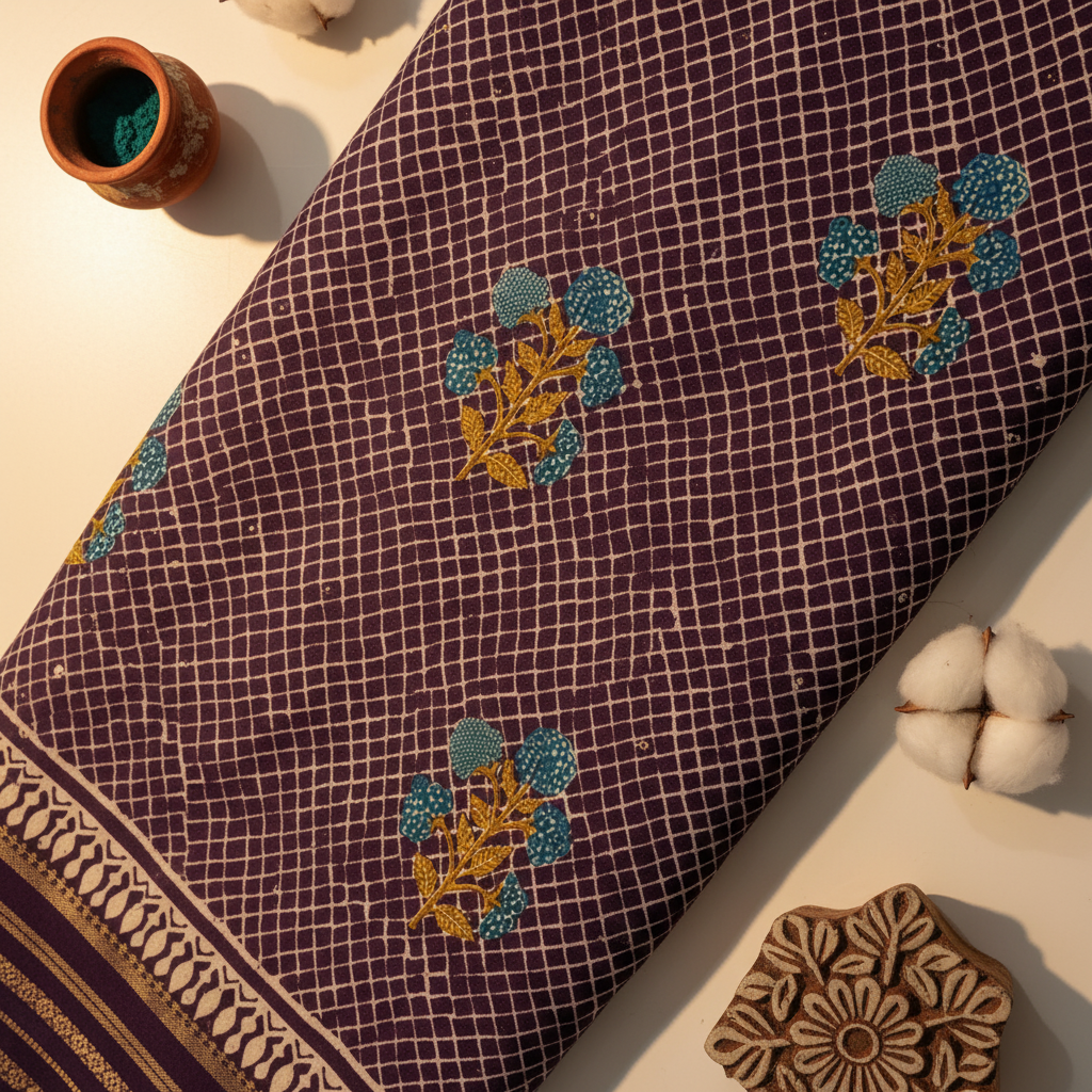 Kuberan Plum Purple Diamond Lattice Block Print Mal Cotton Saree with Gold Stripe Border