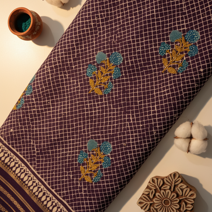 Kuberan Plum Purple Diamond Lattice Block Print Mal Cotton Saree with Gold Stripe Border