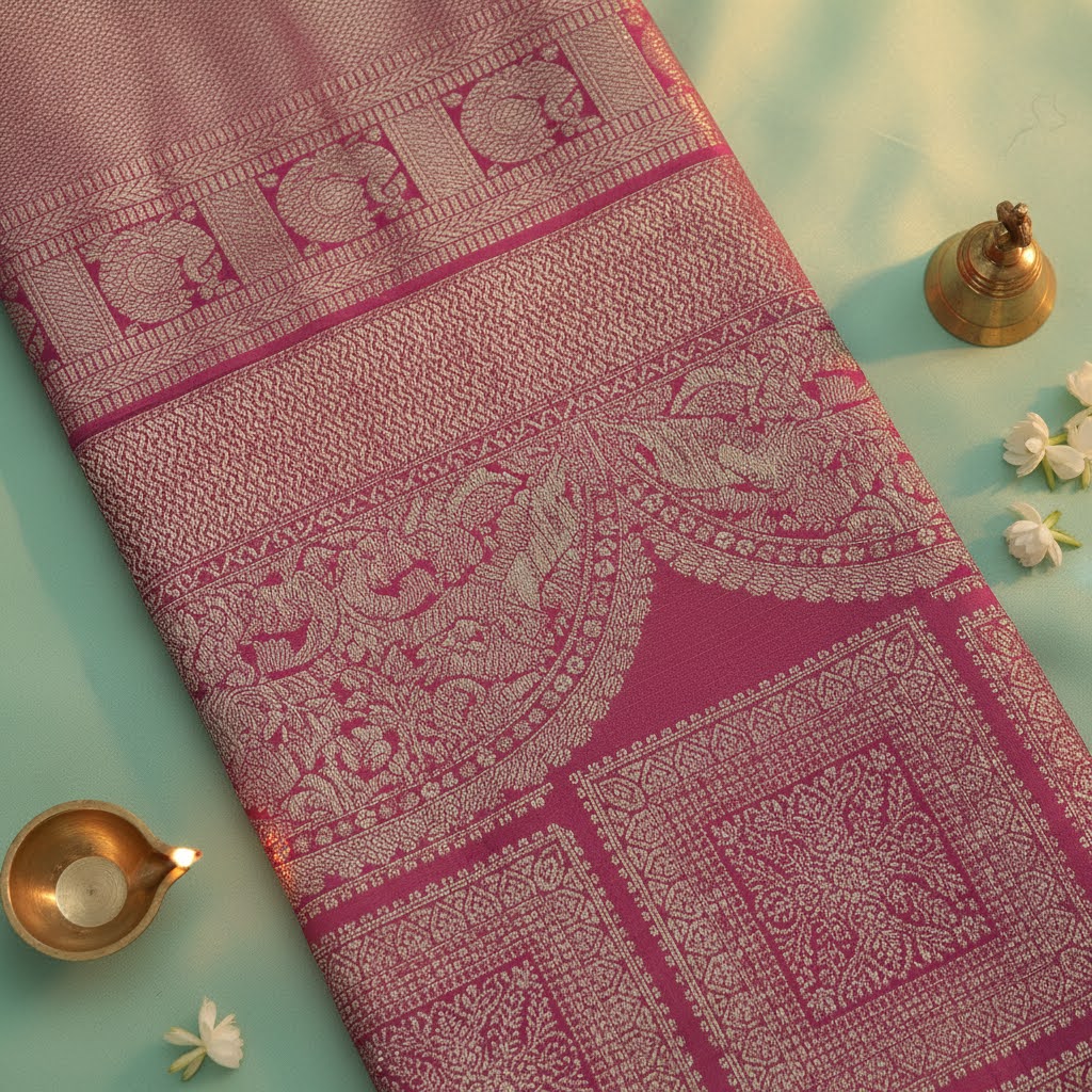 Kuberan Rose Pink Kanchipuram Silk Saree with Gold Zari Self-Tone Panel & Temple Arch Border
