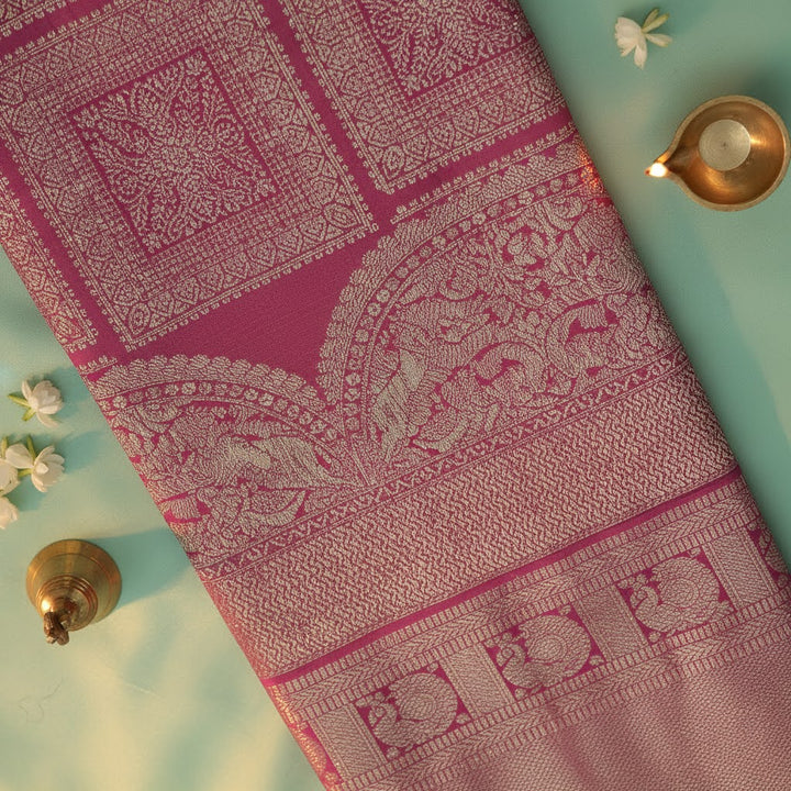 Kuberan Rose Pink Kanchipuram Silk Saree with Gold Zari Self-Tone Panel & Temple Arch Border