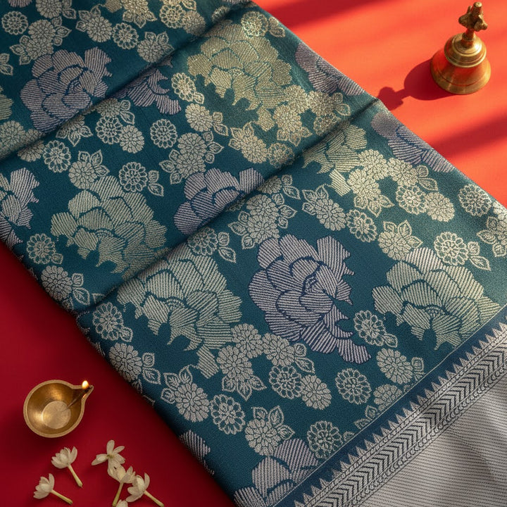 Kuberan Teal Kanchipuram Silk Saree with Silver Zari Peony & Chrysanthemum Floral Jaal