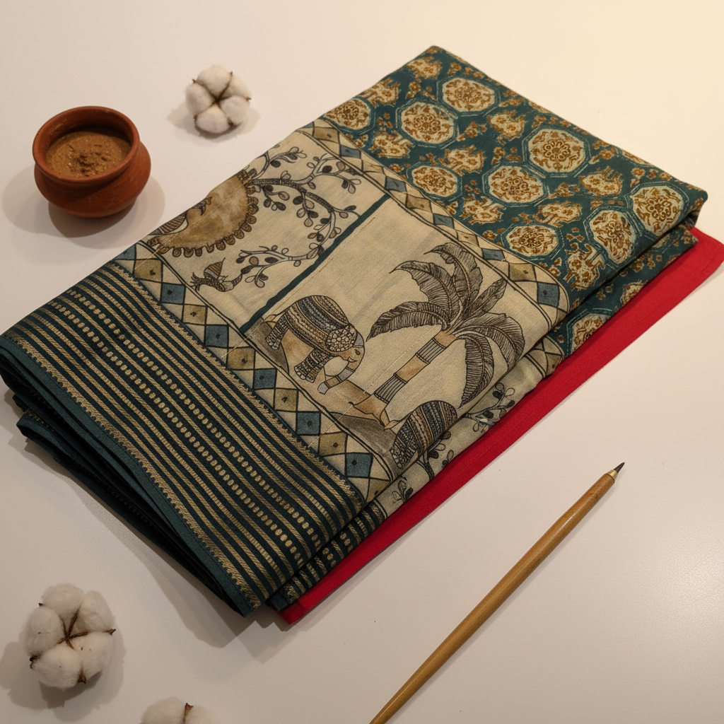 Kuberan Teal Kalamkari Elephant & Peacock Mal Cotton Saree with Woven Stripe Border
