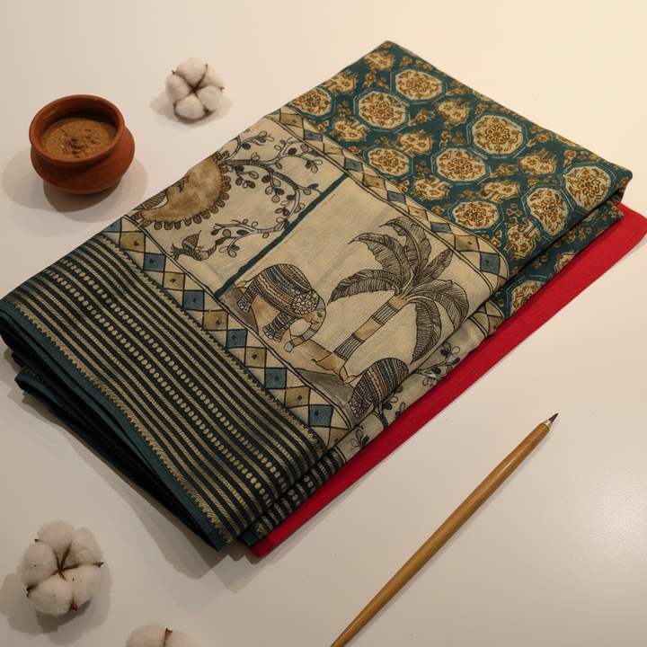 Kuberan Teal Kalamkari Elephant & Peacock Mal Cotton Saree with Woven Stripe Border