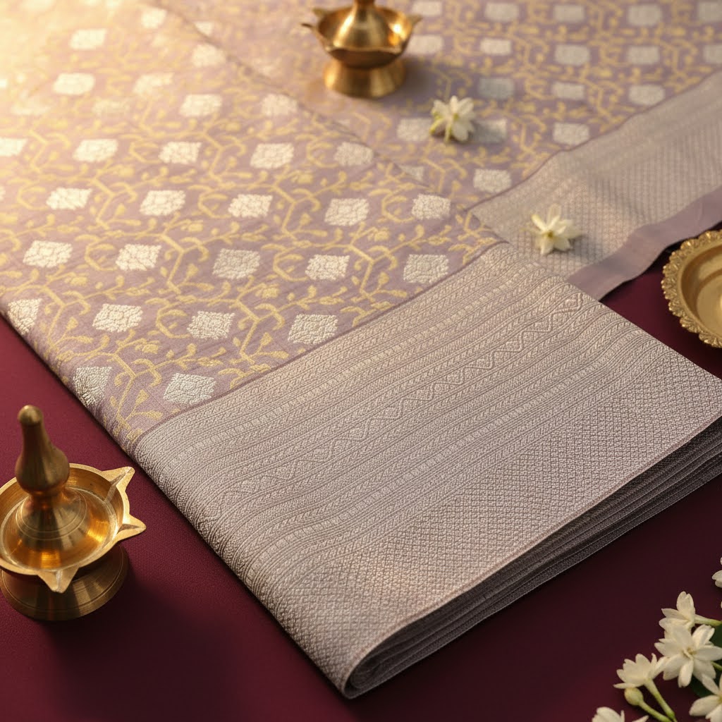 Kuberan Mauve Kanchipuram Silk Saree with Gold Lattice & Silver Diamond Jaal