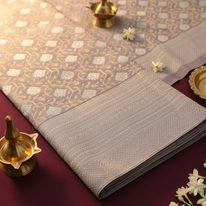 Kuberan Mauve Kanchipuram Silk Saree with Gold Lattice & Silver Diamond Jaal