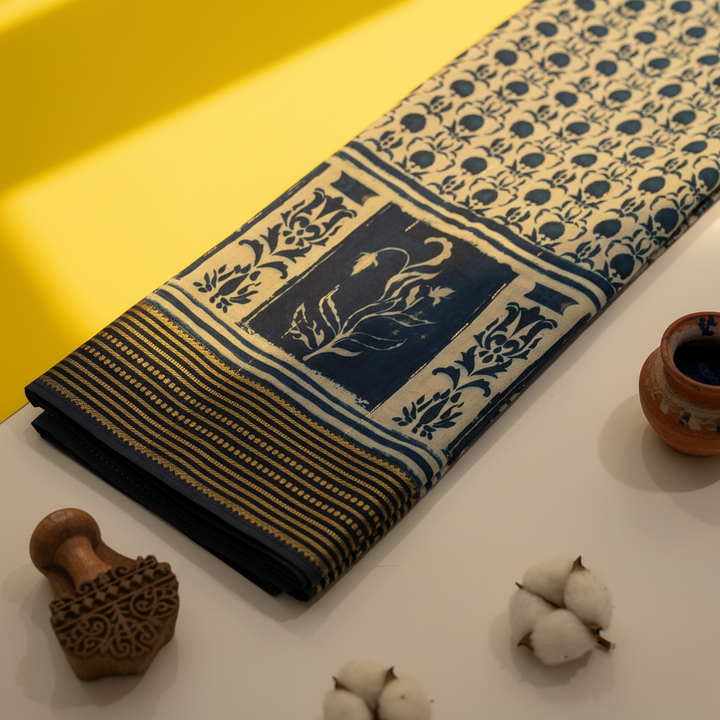 Kuberan Indigo Block Print Tulip Jaal Mal Cotton Saree with Woven Border