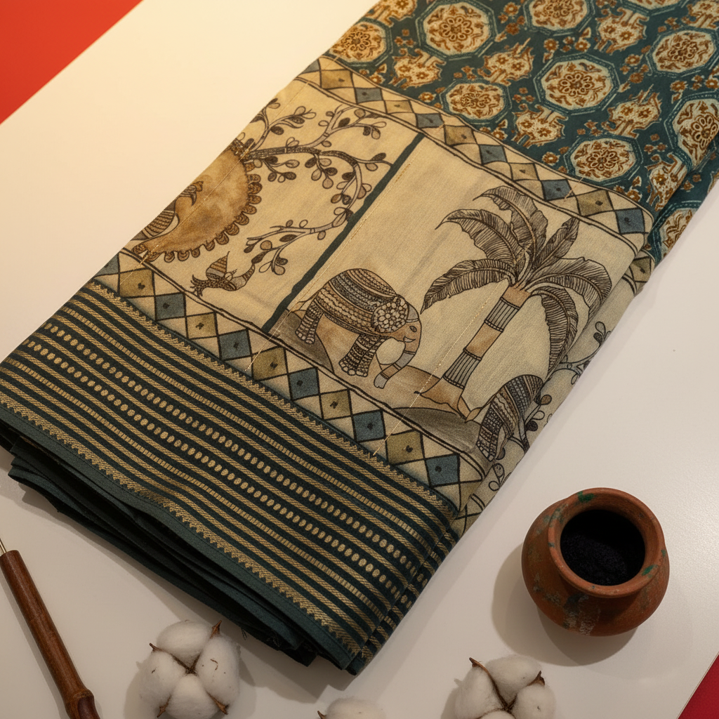 Kuberan Teal Kalamkari Elephant & Peacock Mal Cotton Saree with Woven Stripe Border