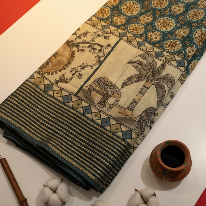 Kuberan Teal Kalamkari Elephant & Peacock Mal Cotton Saree with Woven Stripe Border