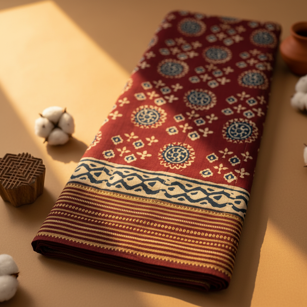 Kuberan Maroon Ajrakh Sun Medallion Mal Cotton Saree with Woven Border