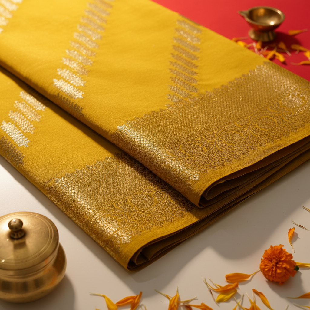 Kuberan Mustard Tussar Silk Saree with Gold Zari Border