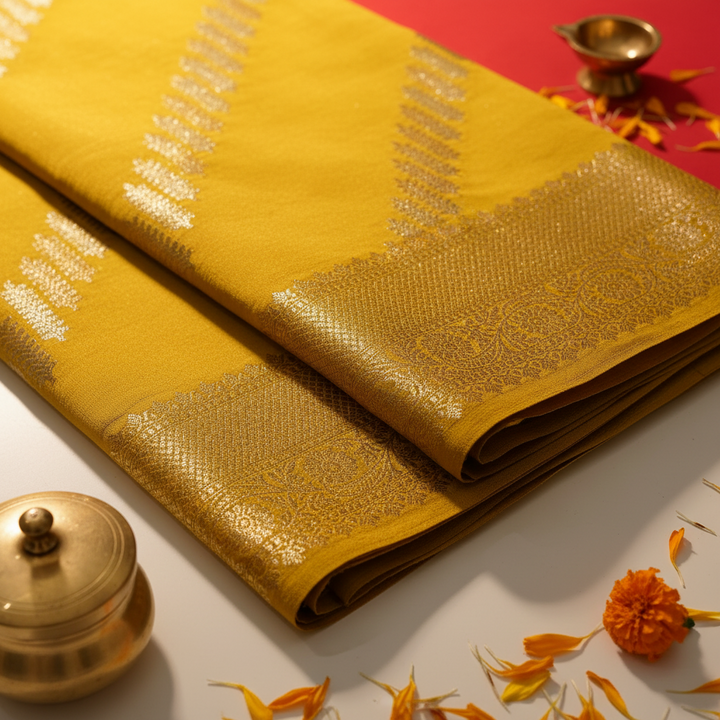 Kuberan Mustard Tussar Silk Saree with Gold Zari Border