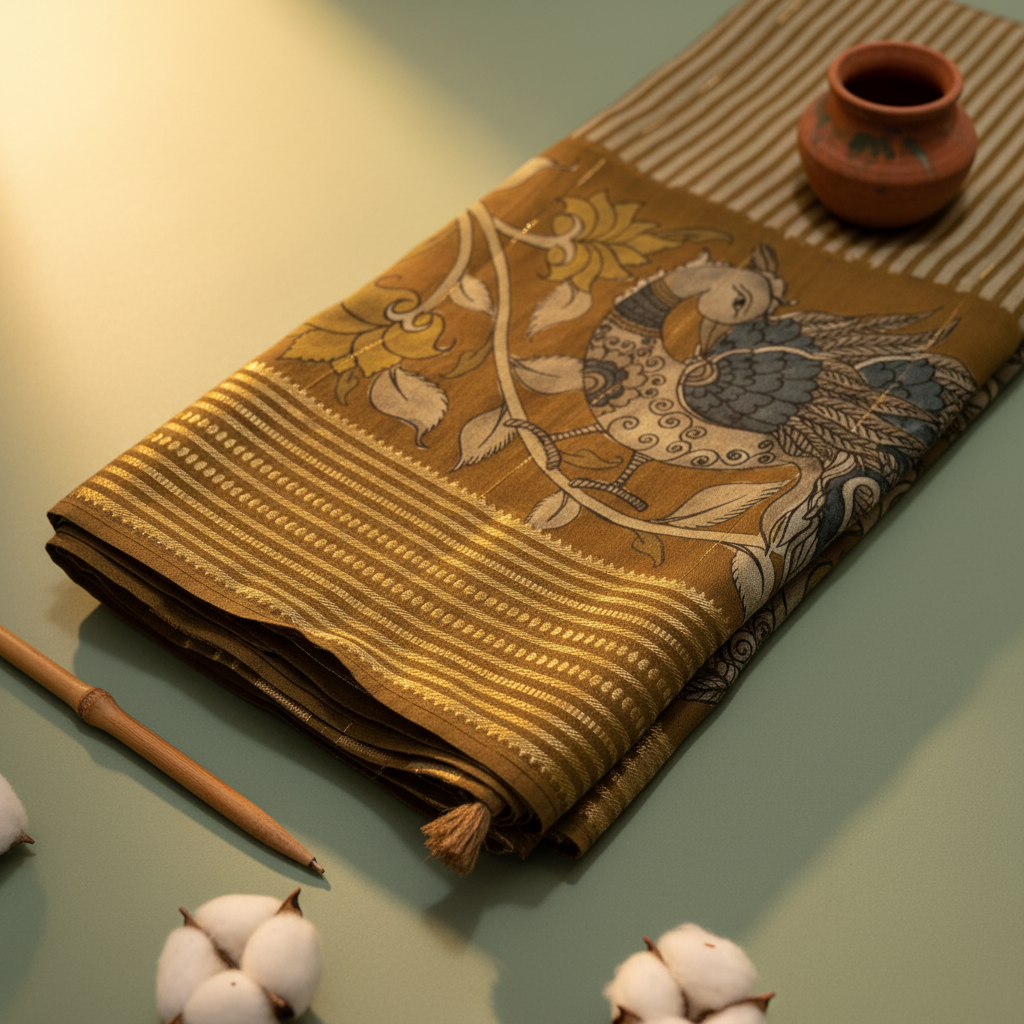 Kuberan Olive Kalamkari Peacock & Horse Mal Cotton Saree with Gold Zari Stripe Border