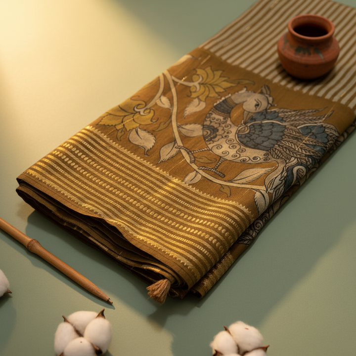 Kuberan Olive Kalamkari Peacock & Horse Mal Cotton Saree with Gold Zari Stripe Border