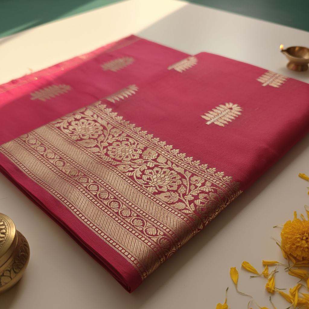 Kuberan Pink Tussar Silk Saree with Gold Zari Border