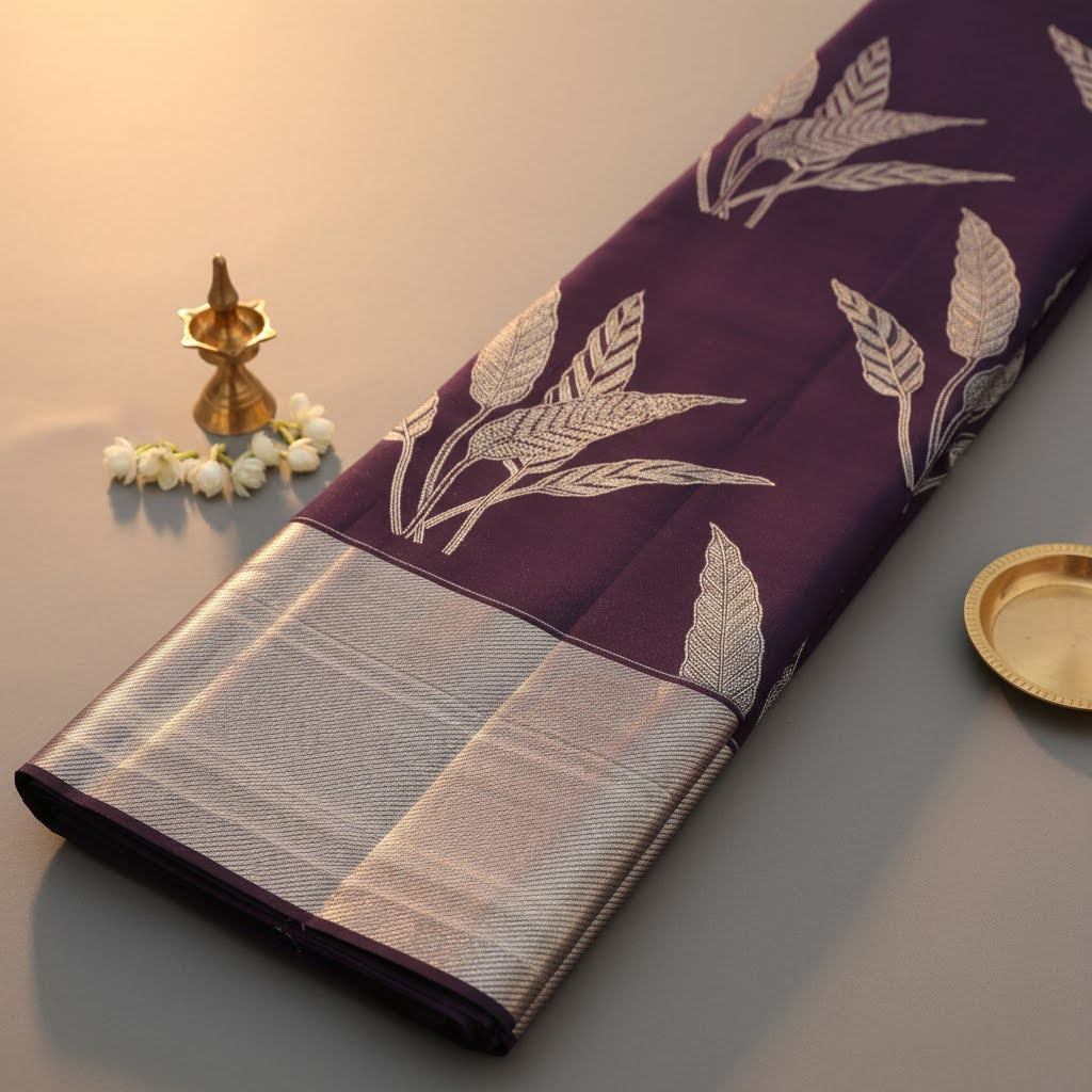 Kuberan Plum Purple Kanchipuram Silk Saree with Silver Zari Botanical Leaf Jaal & Broad Silver Border