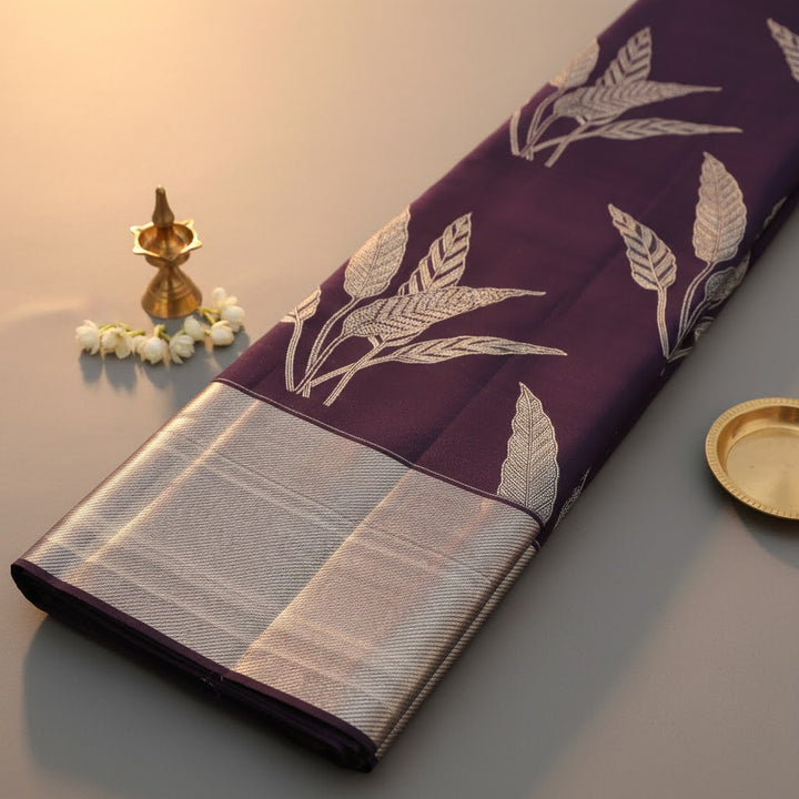 Kuberan Plum Purple Kanchipuram Silk Saree with Silver Zari Botanical Leaf Jaal & Broad Silver Border