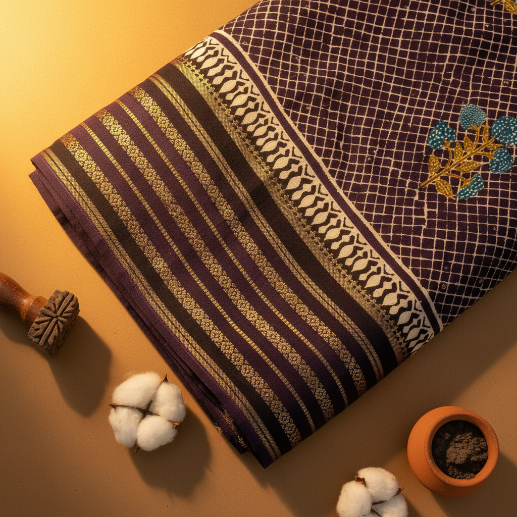 Kuberan Plum Purple Diamond Lattice Block Print Mal Cotton Saree with Gold Stripe Border