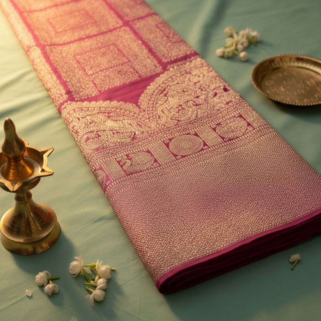 Kuberan Rose Pink Kanchipuram Silk Saree with Gold Zari Self-Tone Panel & Temple Arch Border