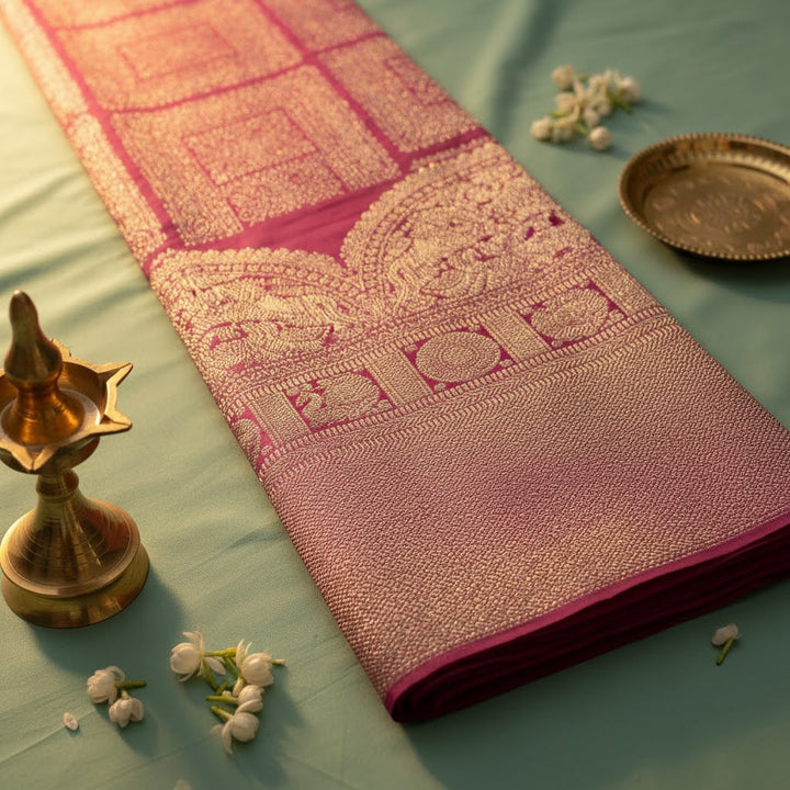 Kuberan Rose Pink Kanchipuram Silk Saree with Gold Zari Self-Tone Panel & Temple Arch Border