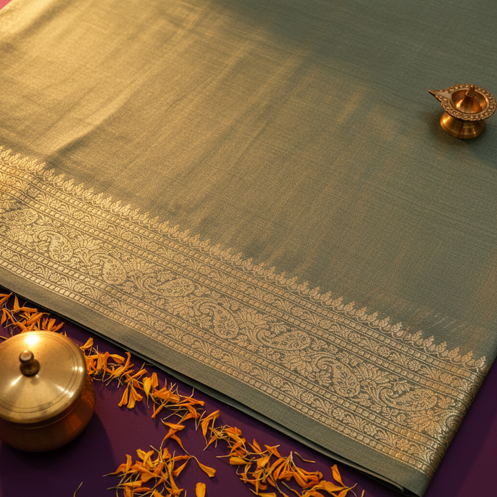 Kuberan Sage Green Tussar Silk Saree with Gold Acanthus Border