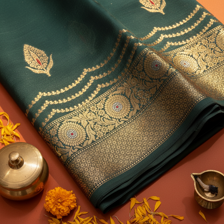 Kuberan Teal Tussar Silk Saree with Gold Sunflower Medallion Border